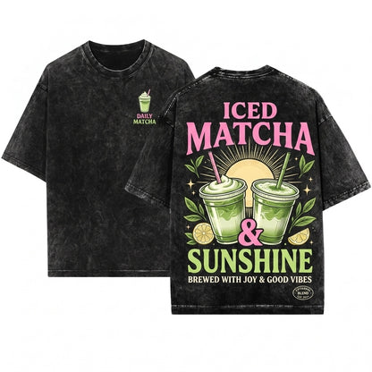 Iced Matcha Sunshine Coffee Lover Summer Graphic Vibes Unisex Wash T-Shirt