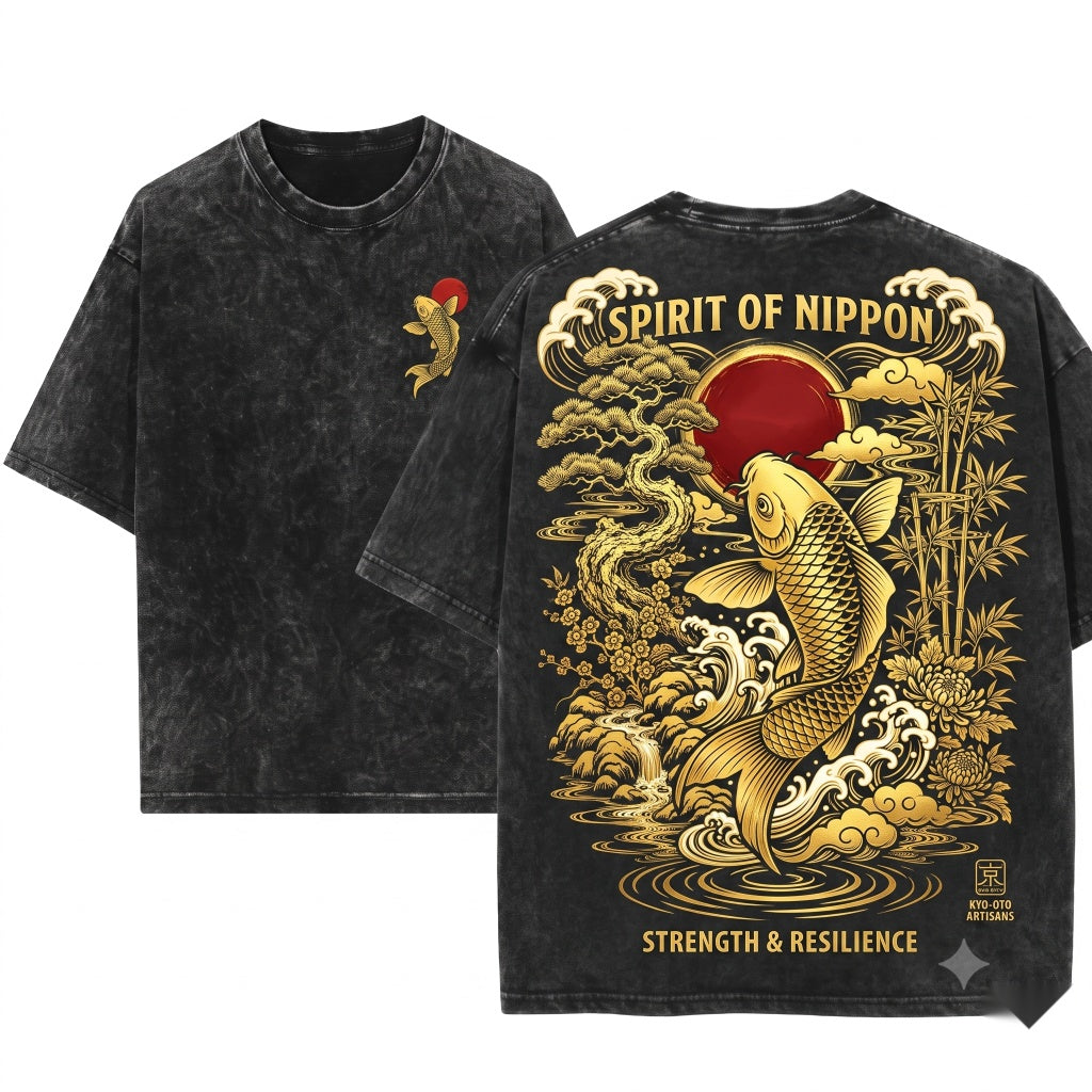 Japanese Koi Fish Vintage Art Aesthetic Red Sun Floral Graphic Gift Unisex Wash T-Shirt
