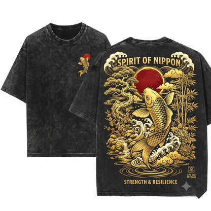 Japanese Koi Fish Vintage Art Aesthetic Red Sun Floral Graphic Gift Unisex Wash T-Shirt