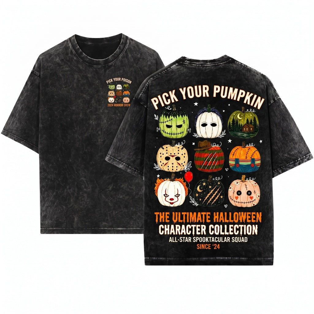 Vintage Spooky Horror Pumpkin Cute Scary Halloween Fall Graphic Retro Movie Fan Crewneck Unisex Wash T-Shirt