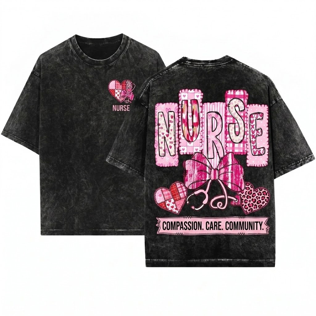 Pink Valentine Nurse Coquette Stethoscope Bow Cute Medical Love Gift Graphic Unisex Wash T-Shirt