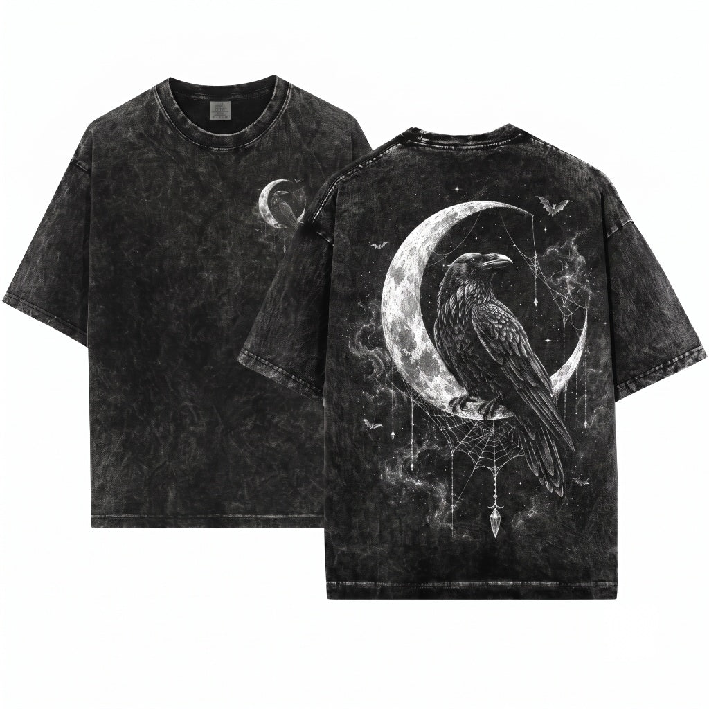 Raven Moon Gothic Crow Graphic Dark Academia Witchy Celestial Horror Aesthetic Gift Unisex Wash T-Shirt