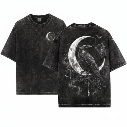 Raven Moon Gothic Crow Graphic Dark Academia Witchy Celestial Horror Aesthetic Gift Unisex Wash T-Shirt
