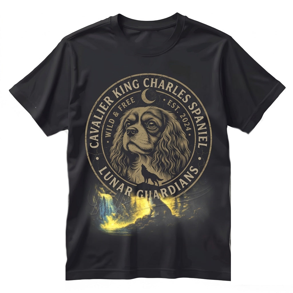 Cavalier King Charles Spaniel Howling at Full Moon Vintage 90s Retro Animal Graphic Funny Dog Unisex TShirt