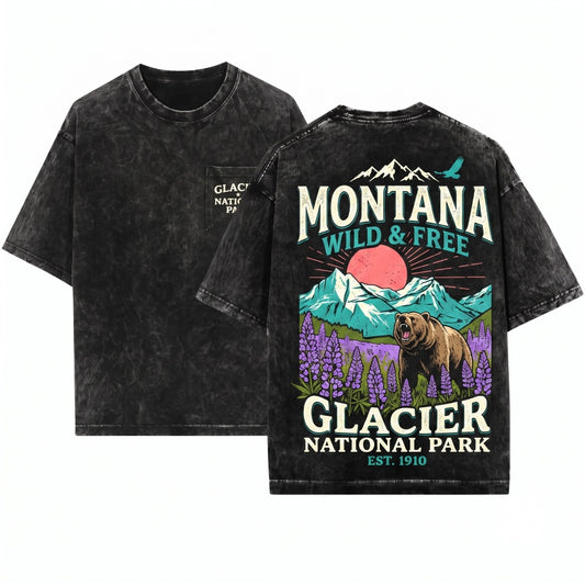 Vintage Glacier National Park Montana Hiking Adventure Graphic Apparel Unisex Wash T-Shirt