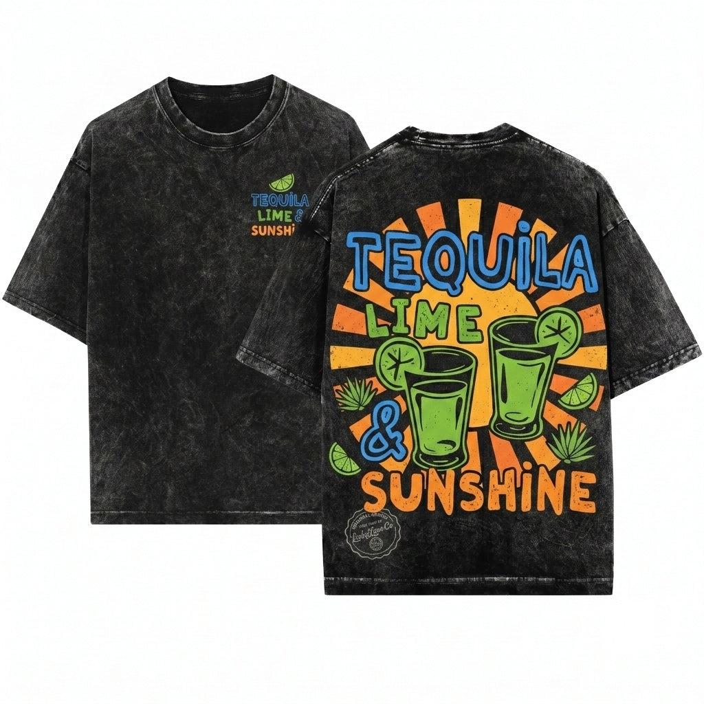 Tequila Lime Sunshine Summer Drinking Funny Vacation Beach Vibes Adult Humor Chasing Sunsets Unisex Wash T-Shirt