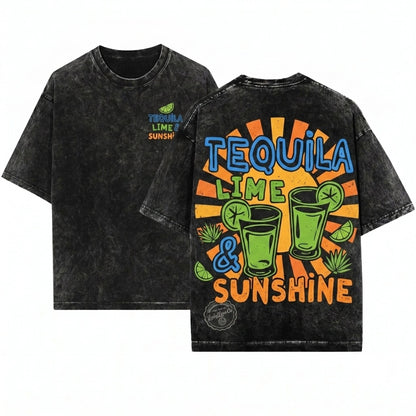 Tequila Lime Sunshine Summer Drinking Funny Vacation Beach Vibes Adult Humor Chasing Sunsets Unisex Wash T-Shirt