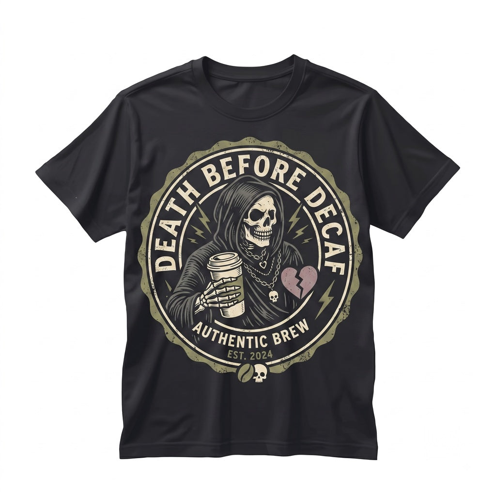 Death Before Decaf Funny Skeleton Coffee Lover Gift Spooky Goth Reaper Apparel Unisex TShirt