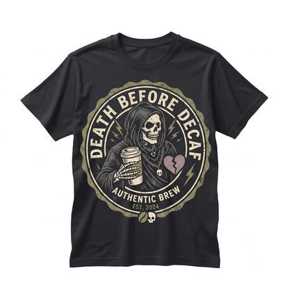Death Before Decaf Funny Skeleton Coffee Lover Gift Spooky Goth Reaper Apparel Unisex TShirt