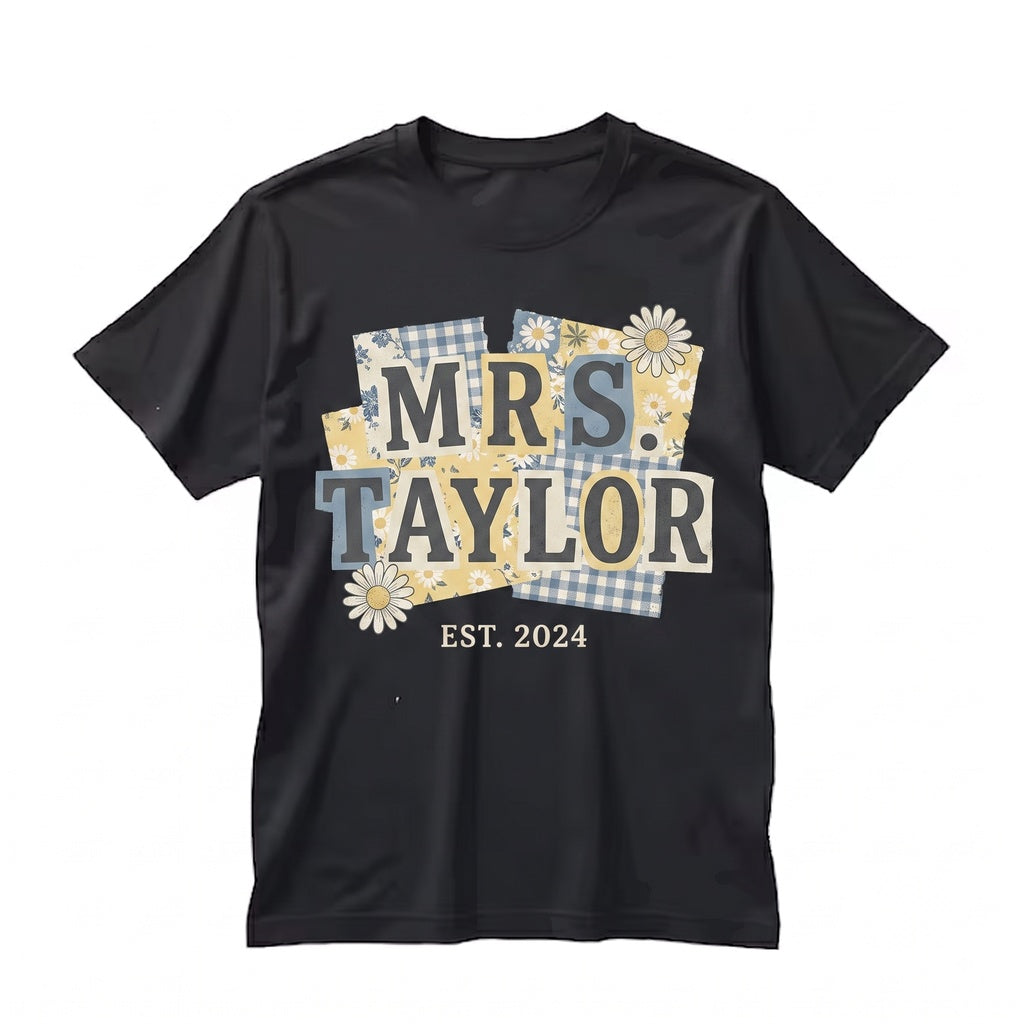 Personalized Teacher Name Floral Blue Faux Patchwork Kindergarten First Grade Matching Unisex TShirt