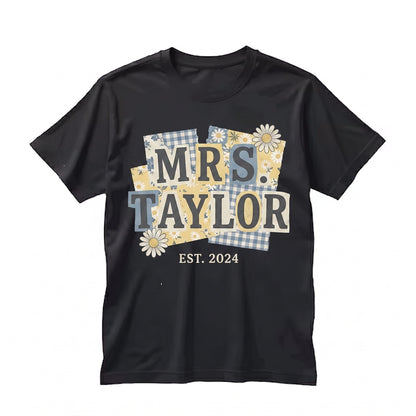 Personalized Teacher Name Floral Blue Faux Patchwork Kindergarten First Grade Matching Unisex TShirt