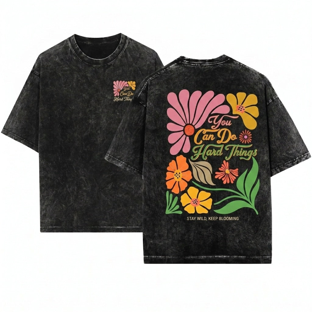 You Can Do Hard Things Retro Boho Floral Positive Affirmation Teacher Mental Health Unisex Wash T-Shirt
