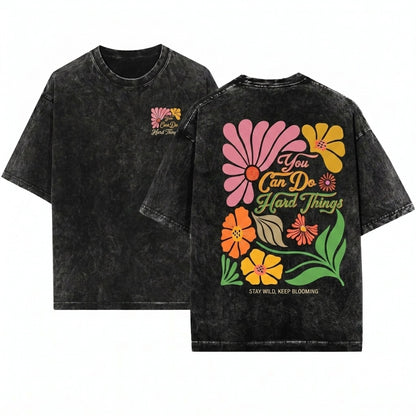 You Can Do Hard Things Retro Boho Floral Positive Affirmation Teacher Mental Health Unisex Wash T-Shirt