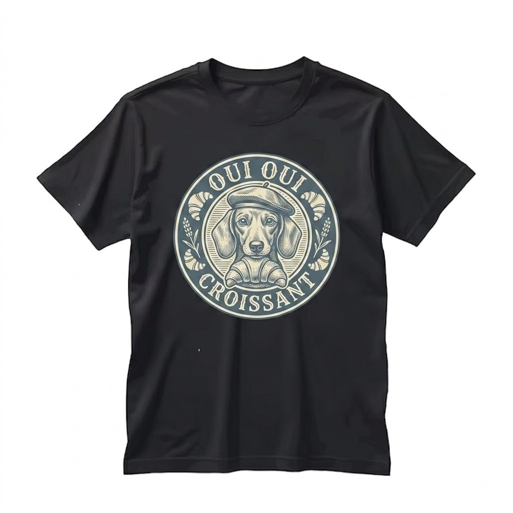 Funny Dachshund Oui Croissant French Bakery Wiener Dog Doxie Travel Foodie Paris Unisex TShirt
