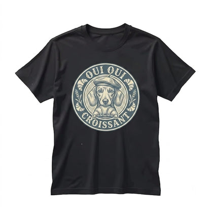 Funny Dachshund Oui Croissant French Bakery Wiener Dog Doxie Travel Foodie Paris Unisex TShirt