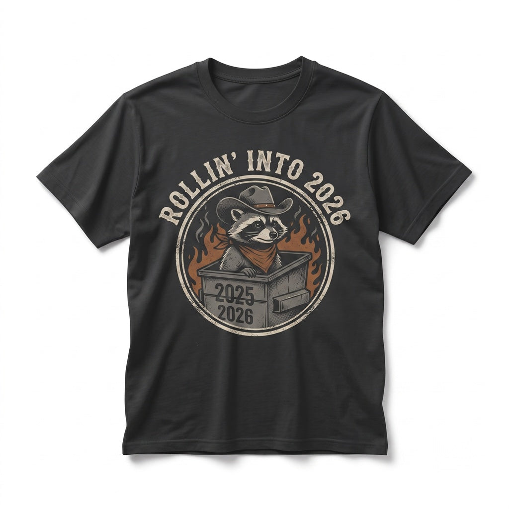 Rollin Into 2026 Funny Dumpster Fire Raccoon Chaotic New Year Humor Graphic Gift Unisex TShirt