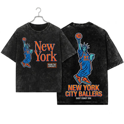 New York Statue of Liberty 90s NYC Bball Graphic Unisex Wash T-Shirt
