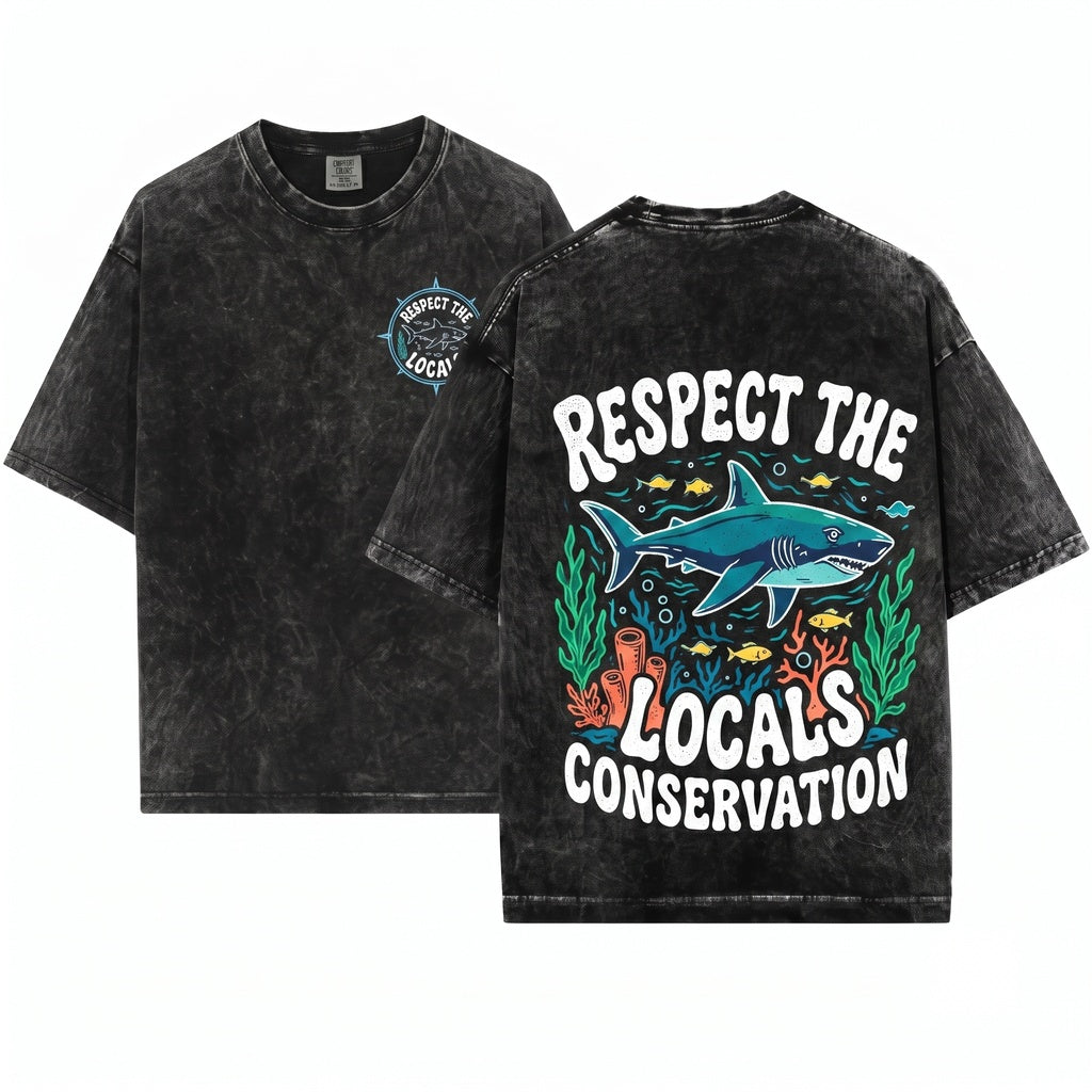 Vintage Respect The Locals Shark Ocean Predator Wildlife Coastal Retro Beach Graphic Top Gift Unisex Wash T-Shirt