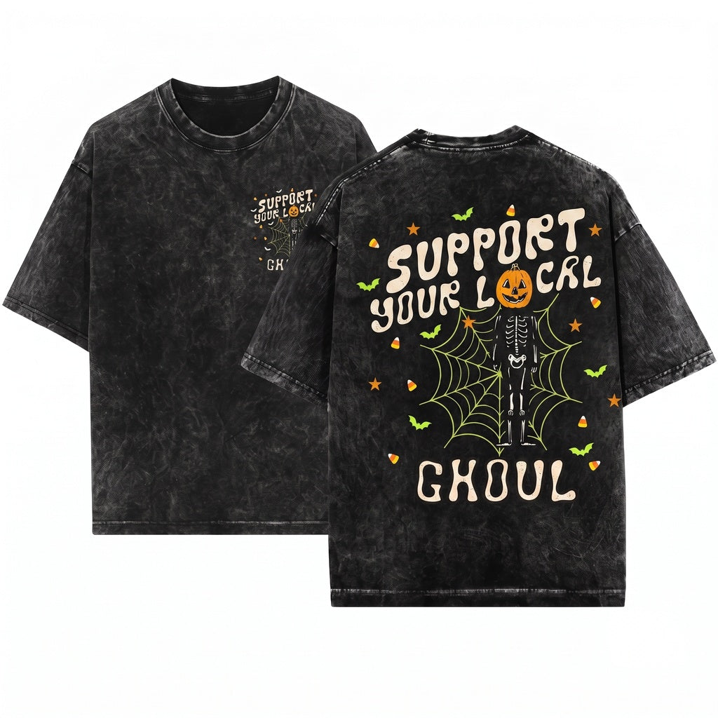 Support Your Local Ghoul Vintage Halloween Ghost Spooky Season Unisex Wash T-Shirt