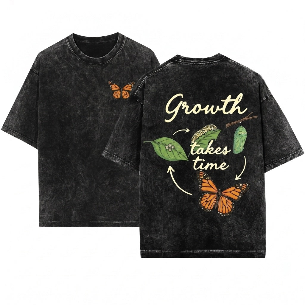 Vintage Butterfly Mental Health Positive Quote Growth Takes Time Inspirational Graphic Unisex Wash T-Shirt