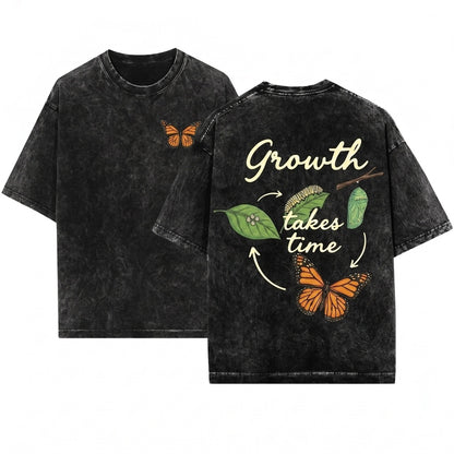 Vintage Butterfly Mental Health Positive Quote Growth Takes Time Inspirational Graphic Unisex Wash T-Shirt