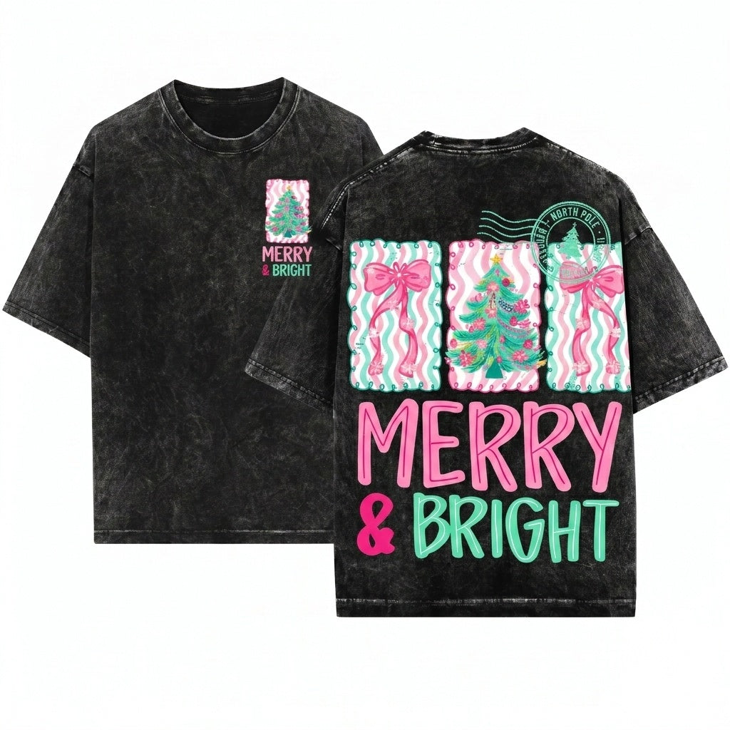Floral Preppy Christmas Tree Bow Merry Bright Coquette Pink Blue Unisex Wash T-Shirt