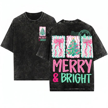 Floral Preppy Christmas Tree Bow Merry Bright Coquette Pink Blue Unisex Wash T-Shirt