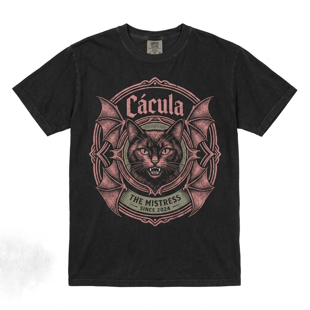Gothic Black Cat Vampire Bat Wings Spooky Fangs Dark Horror Graphic Unisex TShirt