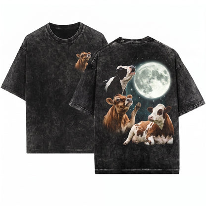 Vintage 90s Cow Howling at Moon Graphic Retro Farm Country Western Gift Unisex Wash T-Shirt