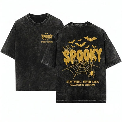 Spooky Halloween Embroidered Gothic Bat Spider Black Fall Cozy Witchy Gift Unisex Wash T-Shirt