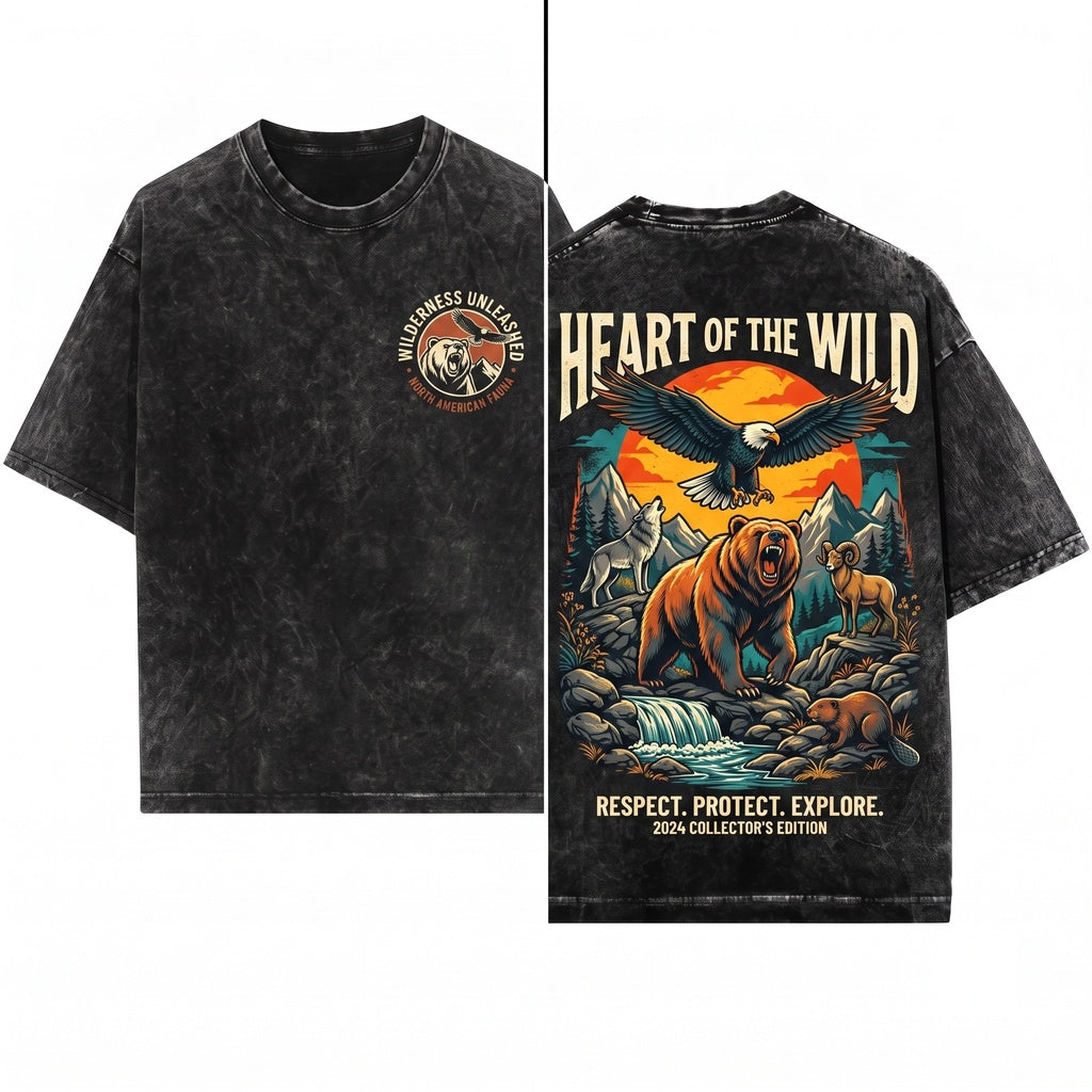 Vintage Rustic Mountain Forest Wildlife Bear Wolf Eagle Graphic Outdoor Adventure Nature Gift Unisex Wash T-Shirt