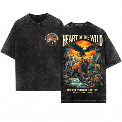 Vintage Rustic Mountain Forest Wildlife Bear Wolf Eagle Graphic Outdoor Adventure Nature Gift Unisex Wash T-Shirt