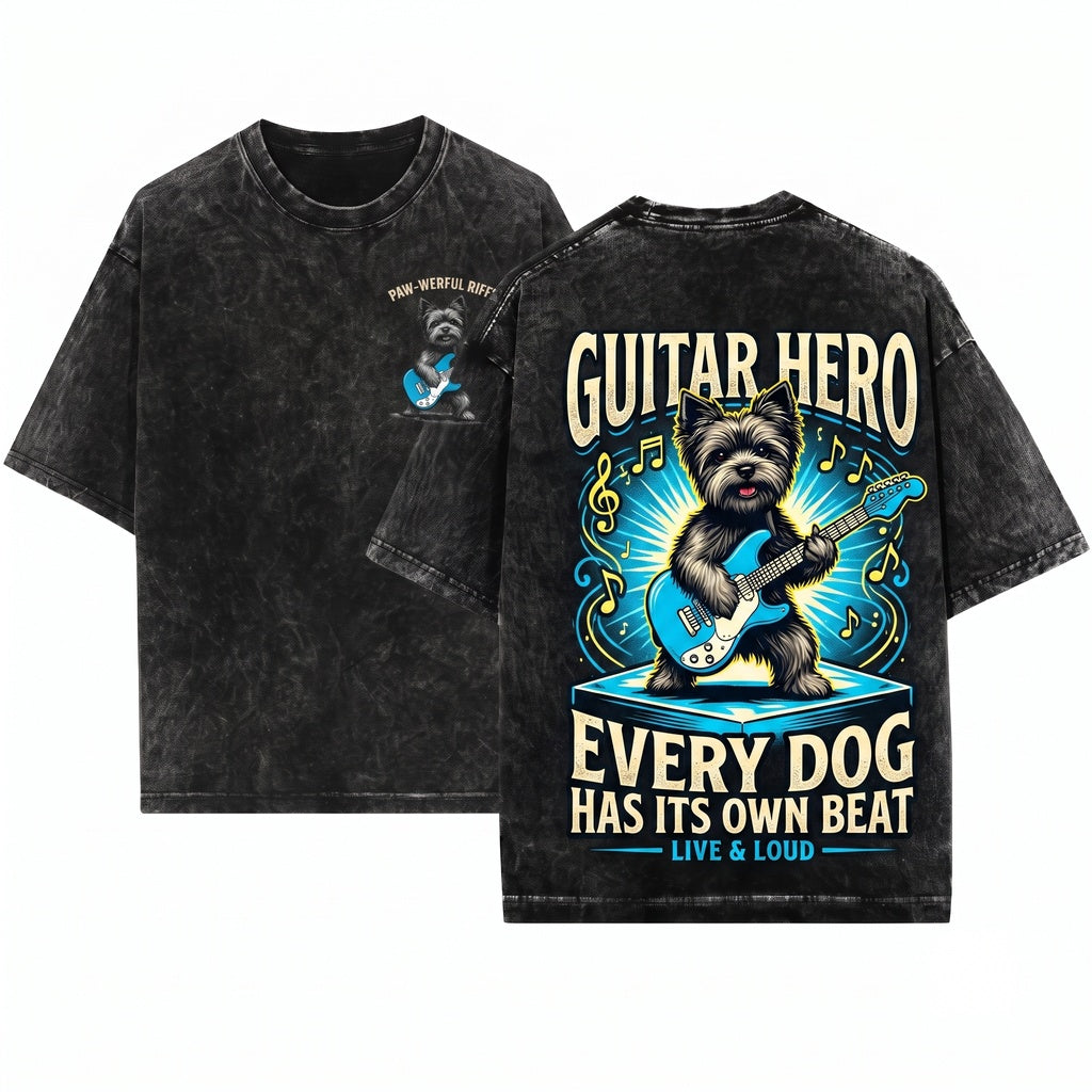 Vintage Yorkie Rock Dog Playing Electric Guitar Musician Humorous Present Unisex Wash T-Shirt