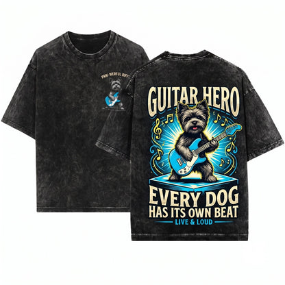 Vintage Yorkie Rock Dog Playing Electric Guitar Musician Humorous Present Unisex Wash T-Shirt