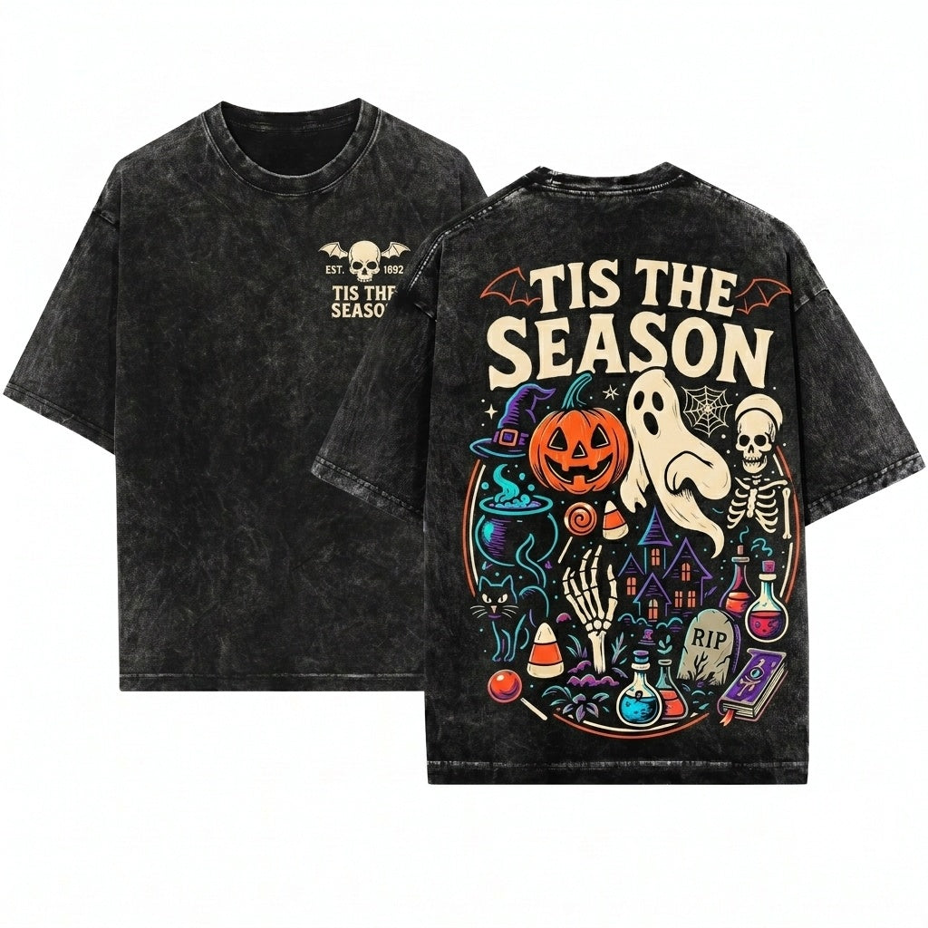 Tis The Season Vintage Halloween Skeleton Pumpkin Ghost Unisex Wash T-Shirt