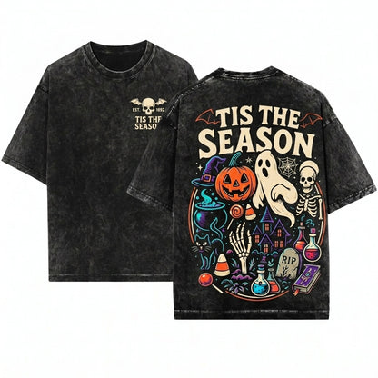 Tis The Season Vintage Halloween Skeleton Pumpkin Ghost Unisex Wash T-Shirt