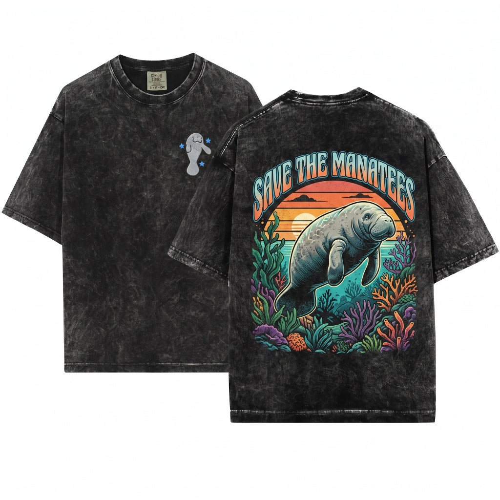 Manatee Embroidered Cute Summer Ocean Graphic Unisex Wash T-Shirt