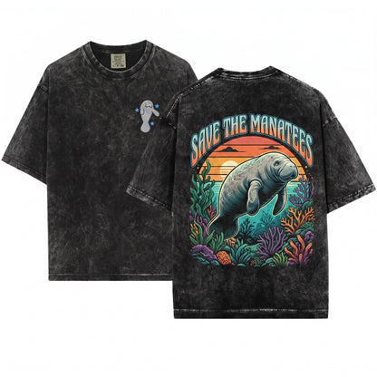 Manatee Embroidered Cute Summer Ocean Graphic Unisex Wash T-Shirt