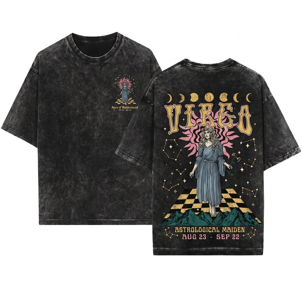 Virgo Vintage Celestial Zodiac Astrology Graphic Birthday Gift Unisex Wash T-Shirt