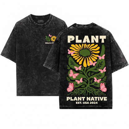 Plant Native Abstract Floral Sustainable Gardening Graphic Unisex Wash T-Shirt