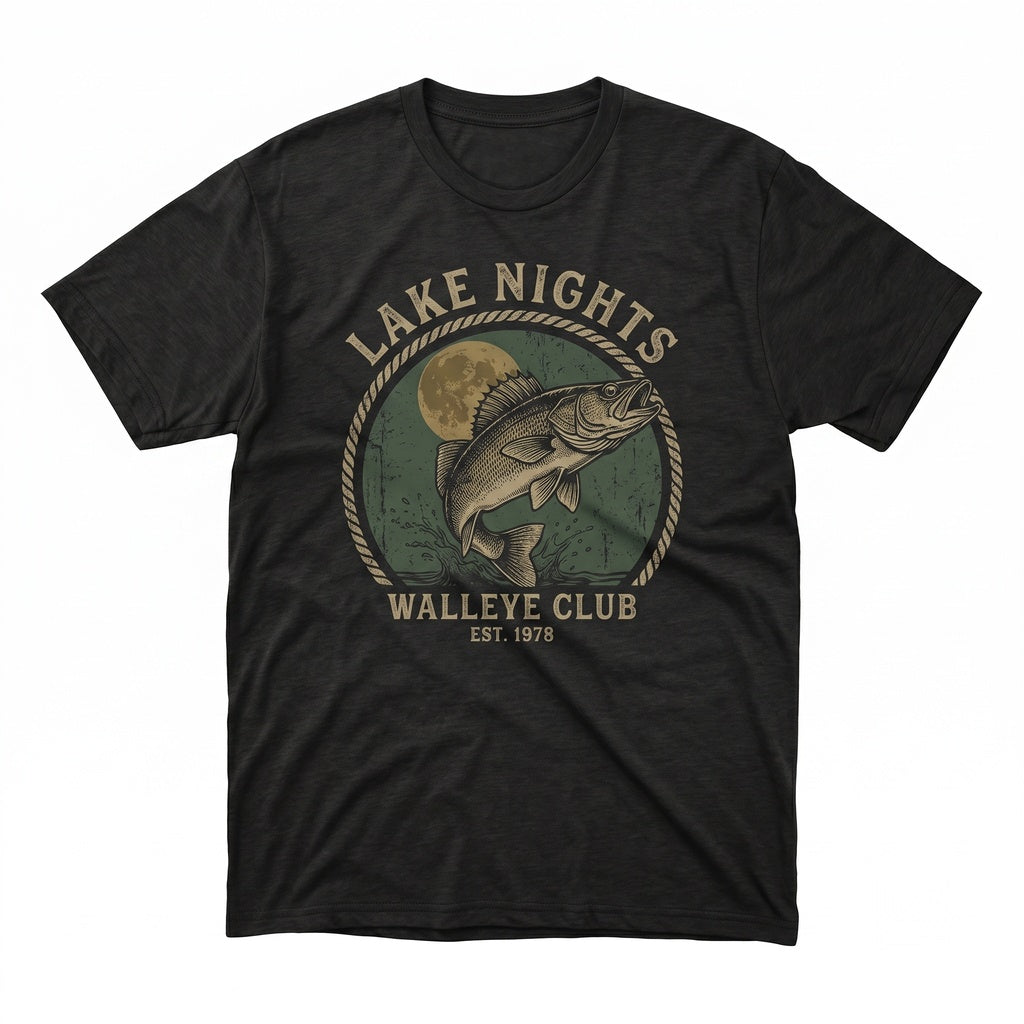 Walleye Fishing Graphic 90s Moonlit Lake Fisherman Gift Outdoor Adventure Unisex TShirt