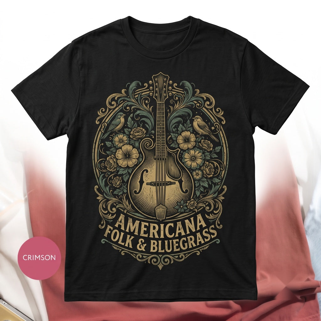 Vintage Floral Mandolin Folk Art Bluegrass Music Instrument Nature Lover Boho Bird Graphic Gift Unisex TShirt