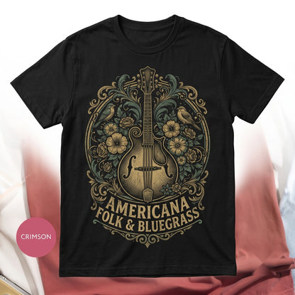 Vintage Floral Mandolin Folk Art Bluegrass Music Instrument Nature Lover Boho Bird Graphic Gift Unisex TShirt