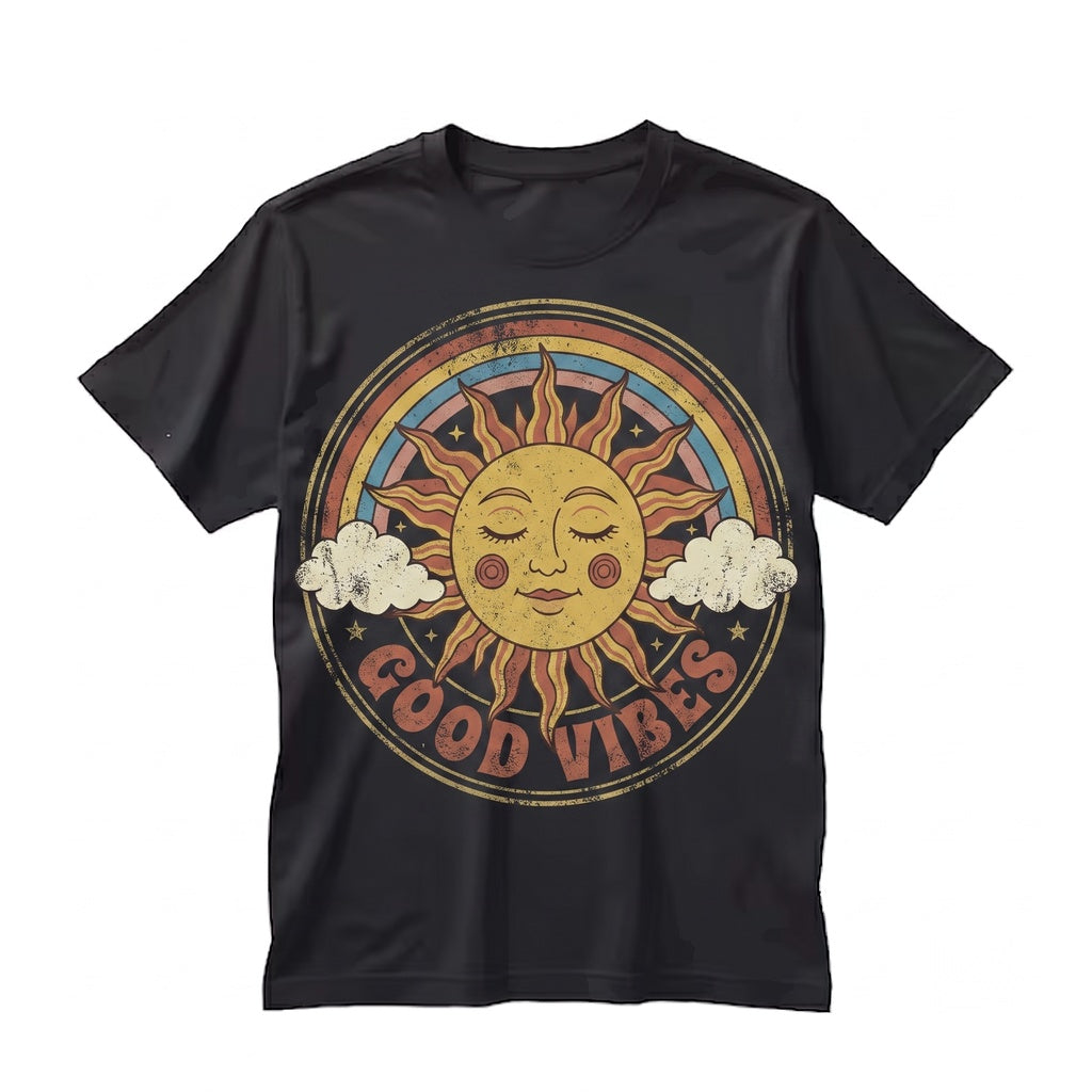 Vintage Good Vibes Sun Graphic Retro Rainbow Positive Boho Happy Aesthetic Style Gift Apparel Unisex TShirt