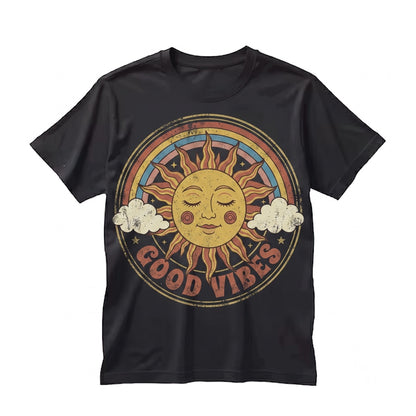 Vintage Good Vibes Sun Graphic Retro Rainbow Positive Boho Happy Aesthetic Style Gift Apparel Unisex TShirt