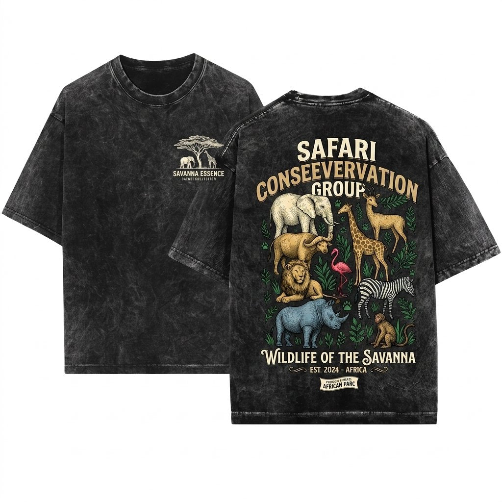 Vintage Safari Animals Wildlife Graphic African Nature Lover Gift Elephant Giraffe Zebra Art Top Unisex Wash T-Shirt