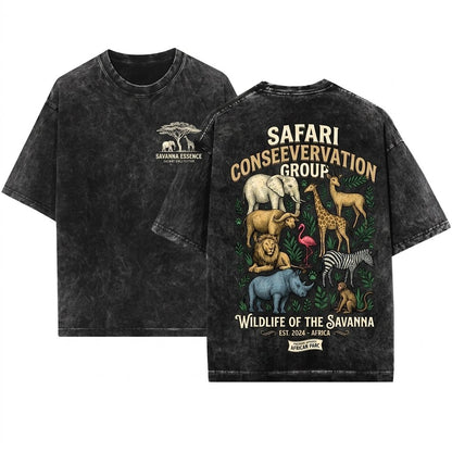 Vintage Safari Animals Wildlife Graphic African Nature Lover Gift Elephant Giraffe Zebra Art Top Unisex Wash T-Shirt