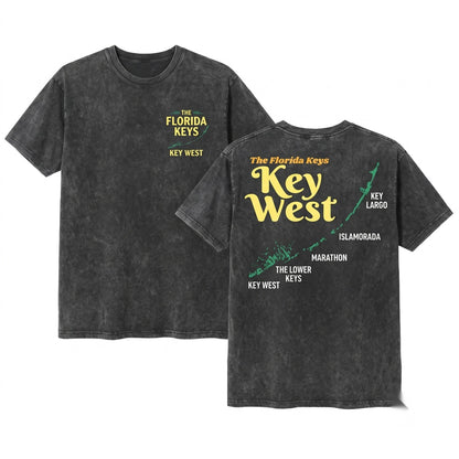 Florida Keys Map West Islands Tropical Coastal Ocean Beach Tourist Vacation Souvenir Graphic Unisex Wash T-Shirt