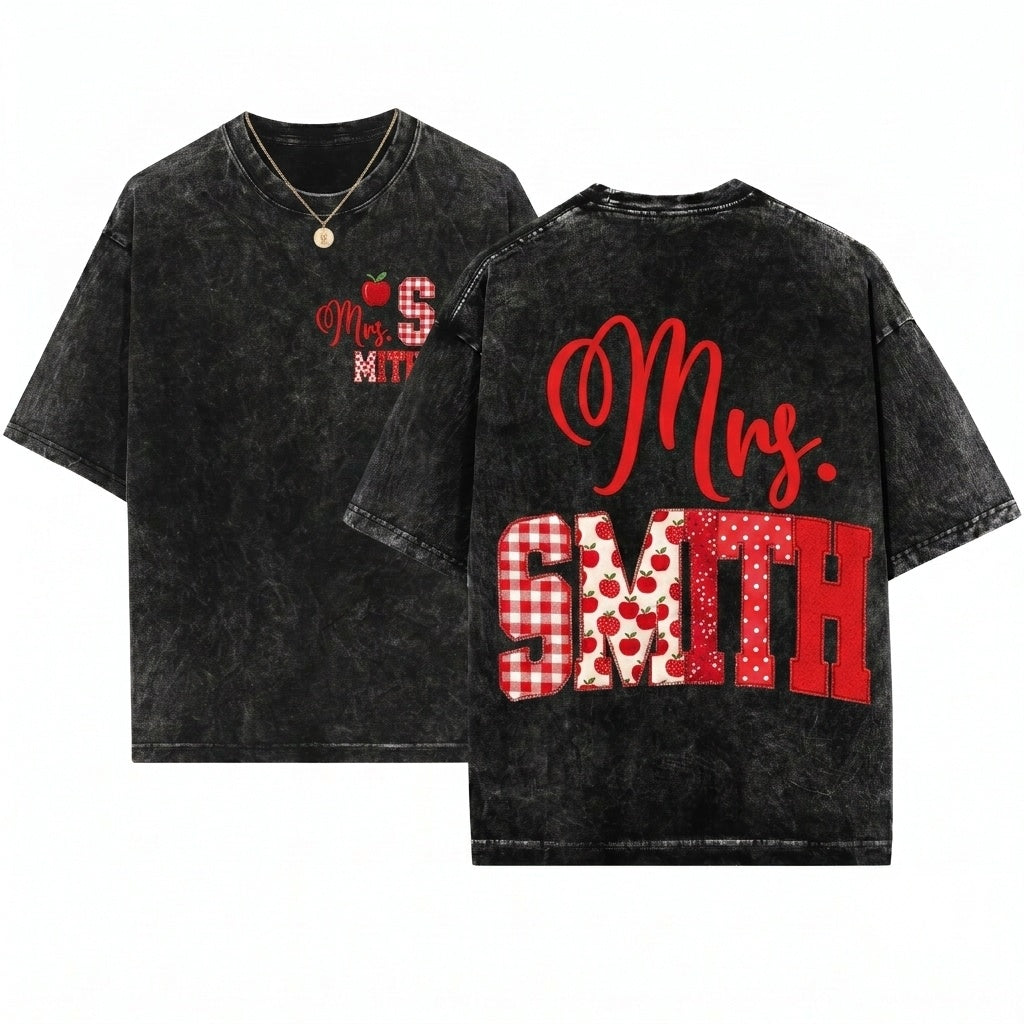 Faux Patchwork Custom Name Apple Plaid Polka Dot Teacher Back To School Gift Unisex Wash T-Shirt