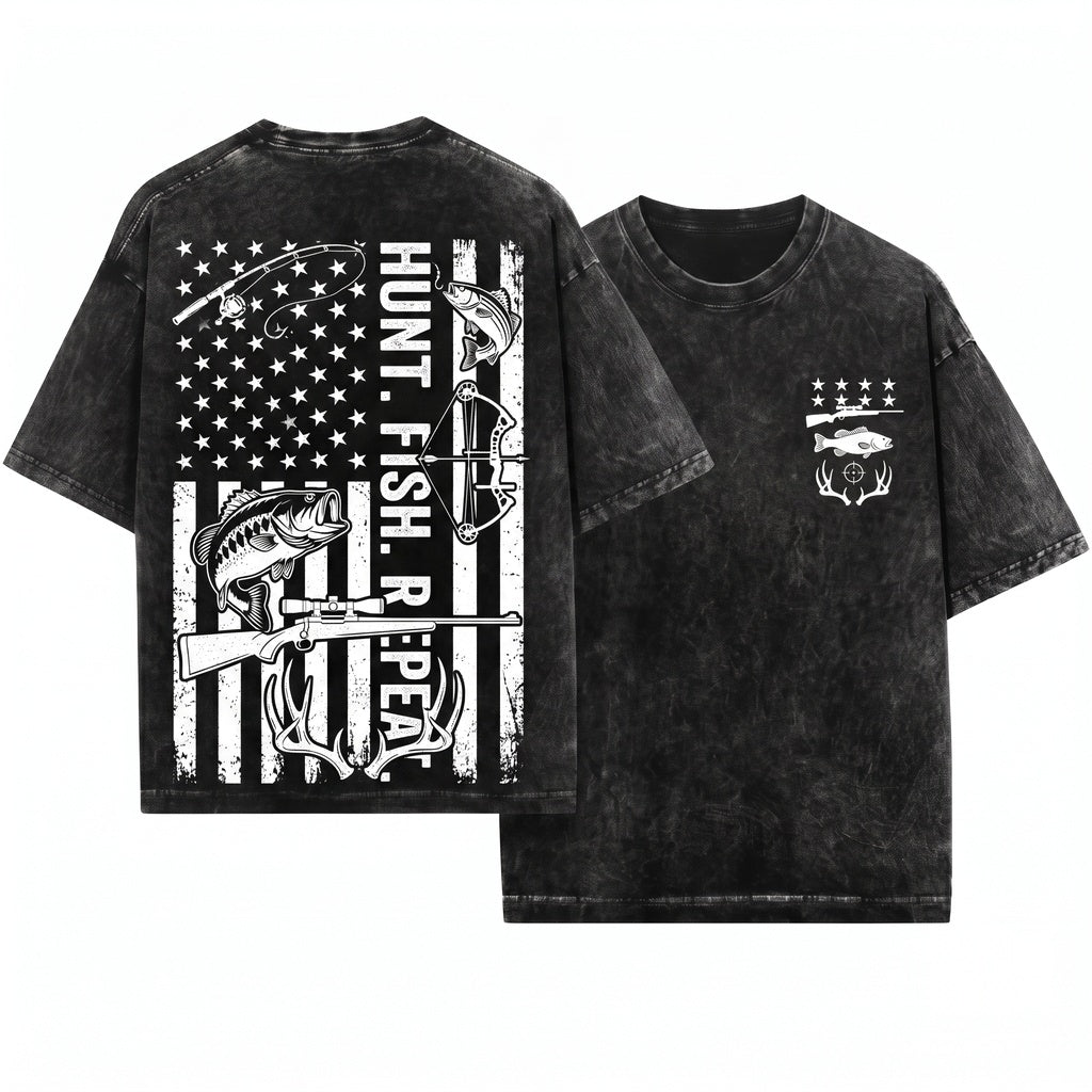 Mens Hunting Fishing USA Flag Camo Outdoor Graphic American Patriotic Angler Wilderness Gift Unisex Wash T-Shirt